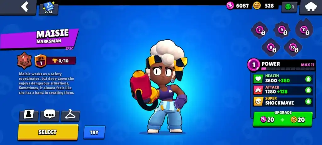 Maisie Legendary brawler stats screen in Nulls Brawl